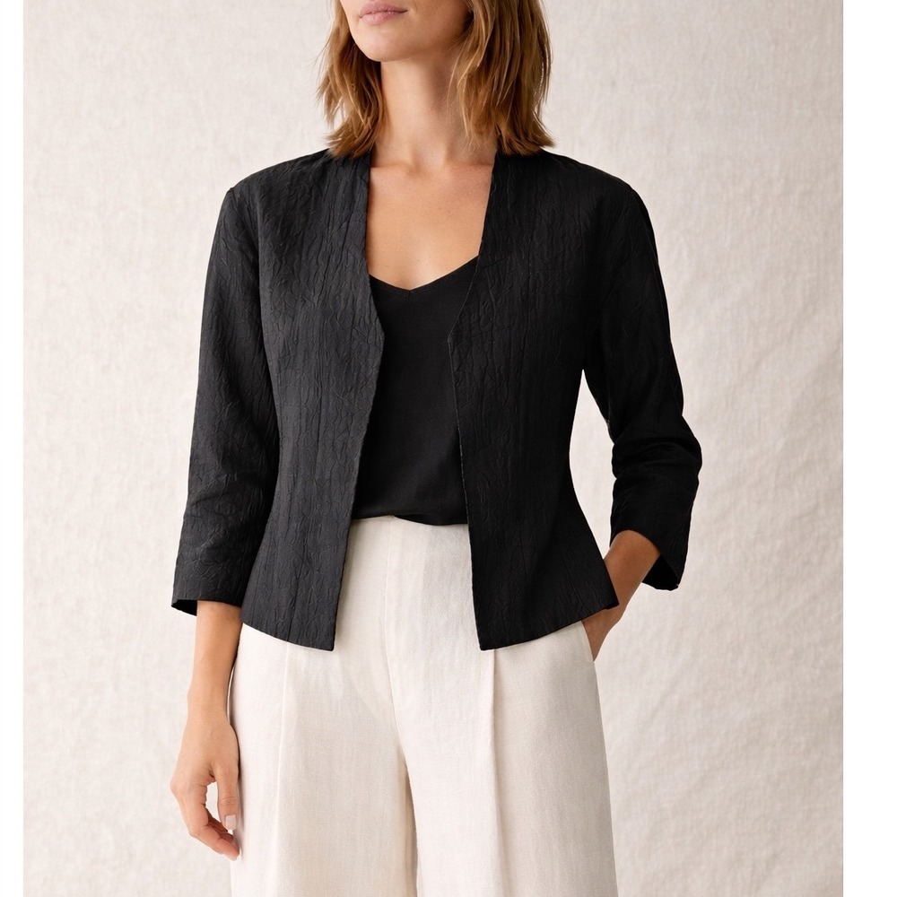 Eileen Fisher Silk Wool Crinkle Textured Blazer Jacket Black Minimalist Sz S